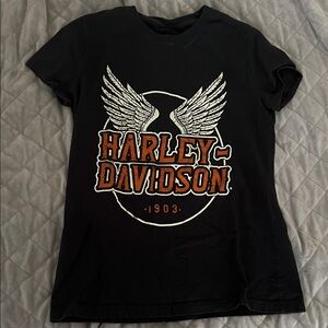 Harley-Davidson Black Tee with White Wings and Orange Logo